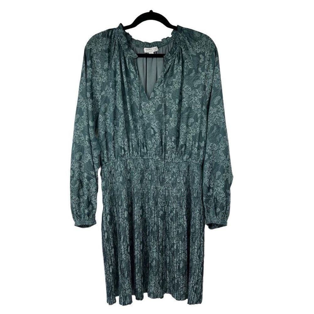 Current Air Blue Long Sleeve Floral‎ Butterfly Matte Print Pleated Mini Dress L